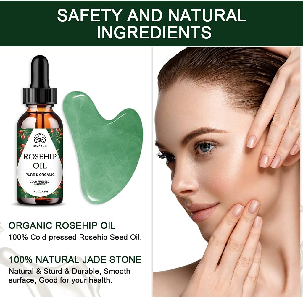Jade Gua Sha Set & Rosehip Oil — Natural Stone Facial Massage Kit