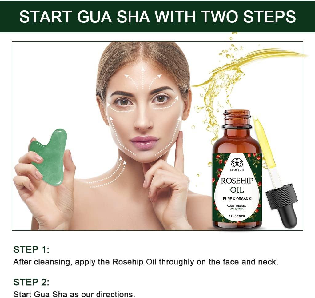Jade Gua Sha Set & Rosehip Oil — Natural Stone Facial Massage Kit